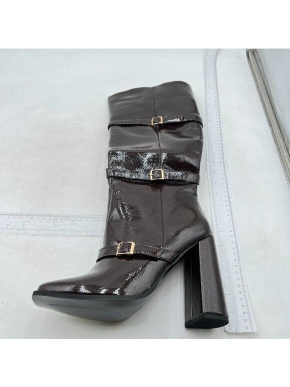 Dark Brown Women Knee High Boots Square Toe Chunky Heel Metal Buckle Strap Shoes